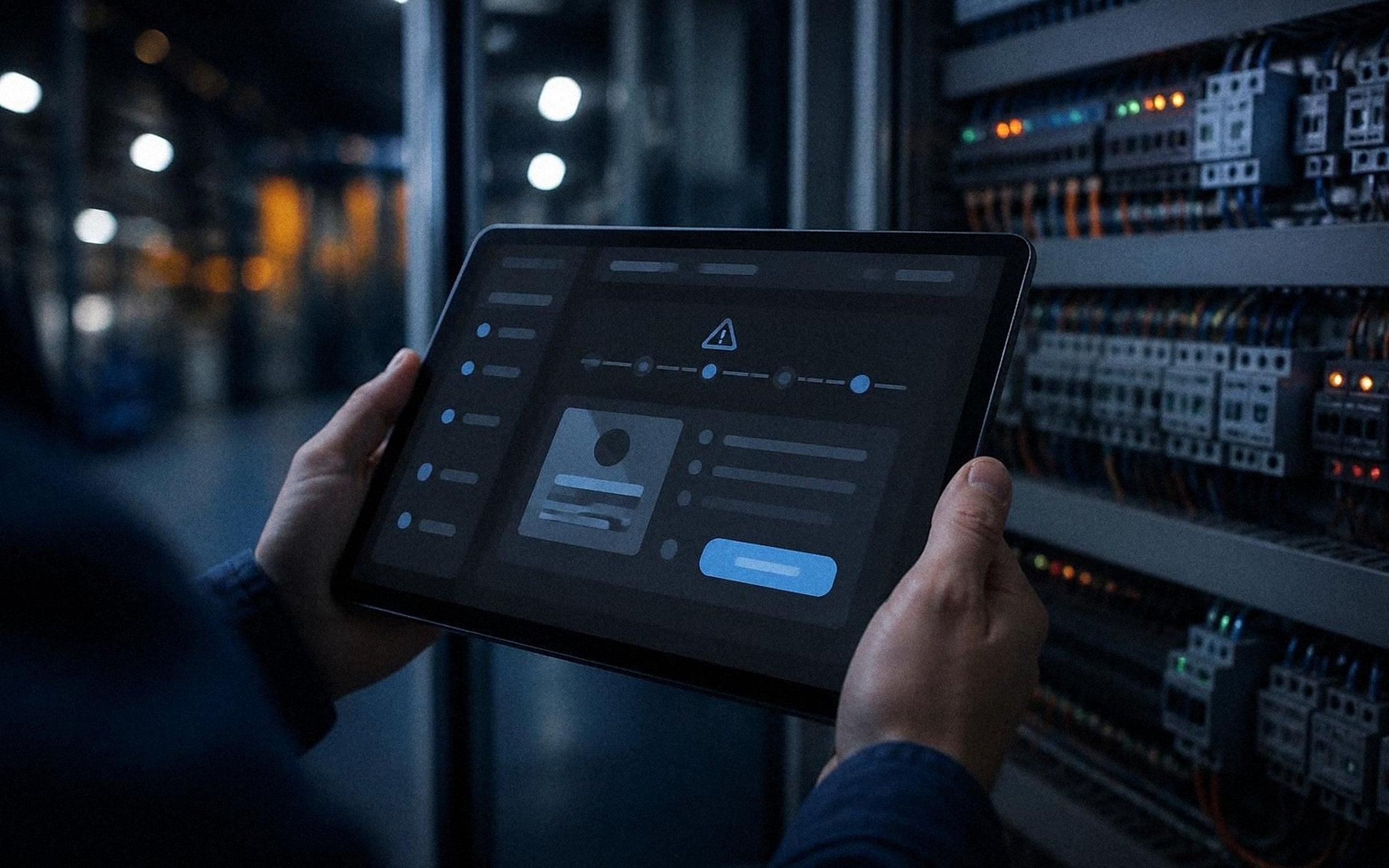 工場の制御盤の前で、タブレットに表示されたAIの対応手順を確かめる手元(生成画像)